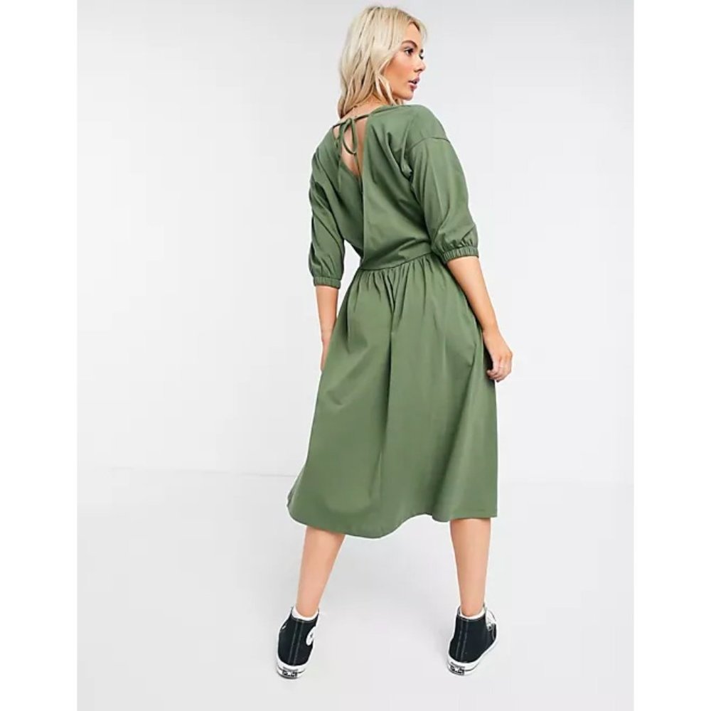 ASOS Midi Smock Wrap Dress in Khaki Green, US 2 - Picture 3 of 4